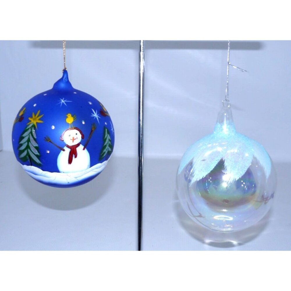 Two vintage Hand Blown Glass Christmas ORNAMENTS snowman & clear 3.5-4"